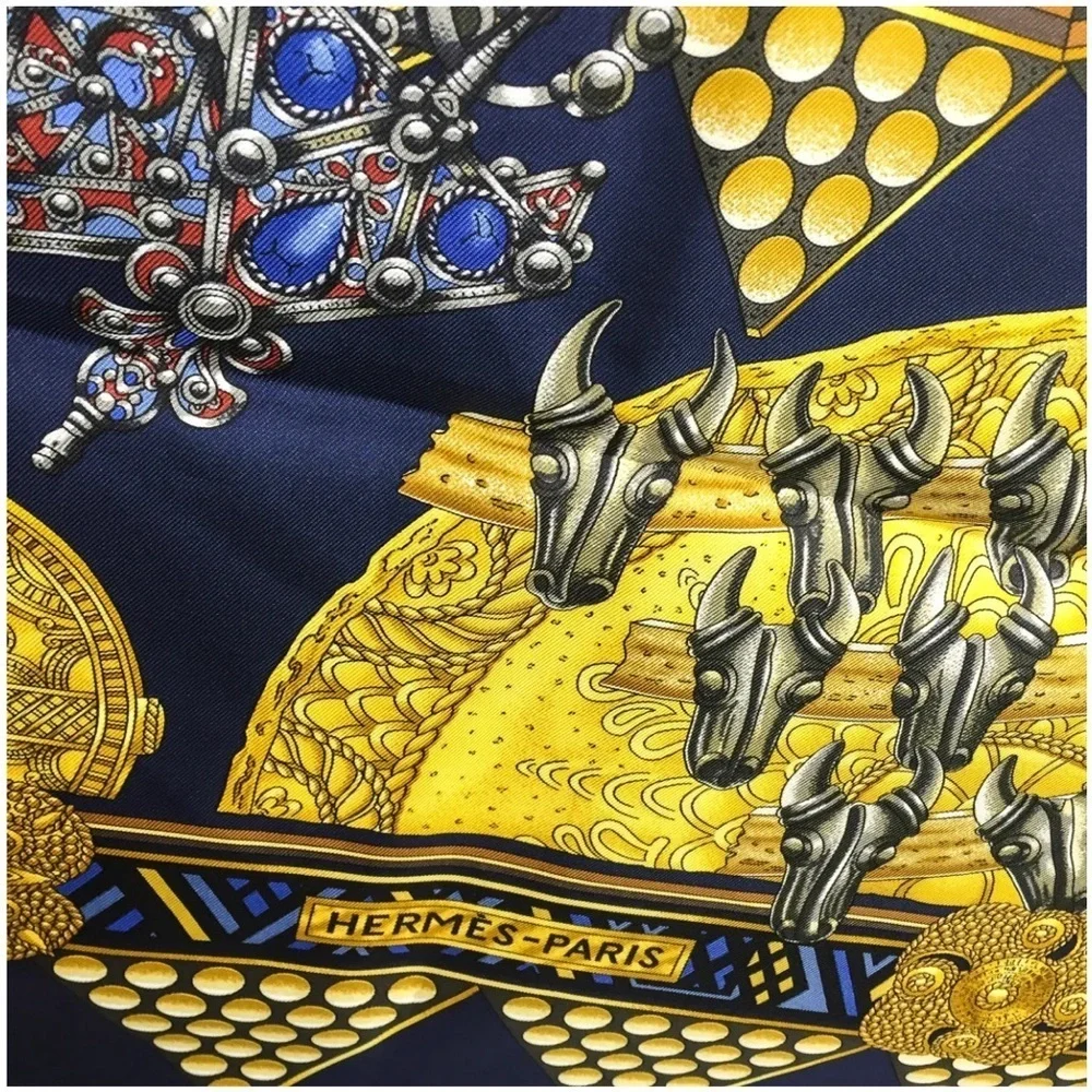 Hermès Scarf “L'or des Chefs” Navy & Gold 100% Silk Scarf ~ RARE! ~ Includes Box